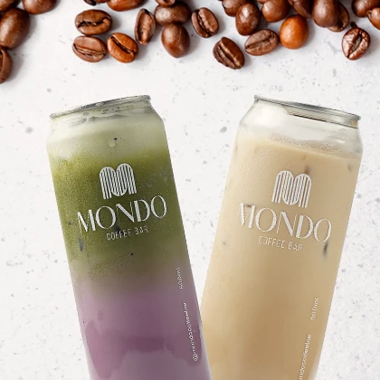 Two Mondo cans: a layered matcha drink and an iced latte